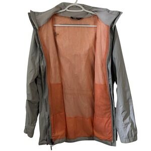 The North Face HyVent Rain Jacket Womens L Grey Orange Mesh Lined Hooded Shell